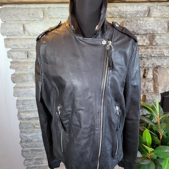Sam Edelman Moto Biker Zip Cuff Black Jacket Leather Texture Womens Large - Picture 10 of 16
